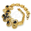 Oro Laminado Fancy Bracelet, Gold Filled Style Flower and Leaf Design, with Black Cubic Zirconia, Polished, Golden Finish, 03.266.0022.07