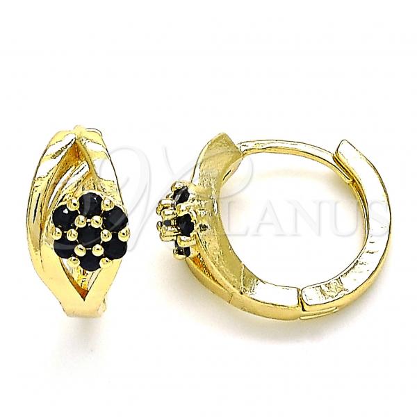 Oro Laminado Huggie Hoop, Gold Filled Style Flower Design, with Black Cubic Zirconia, Polished, Golden Finish, 02.210.0491.4.15