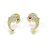 Oro Laminado Stud Earring, Gold Filled Style Dolphin Design, with White Micro Pave and Ruby Cubic Zirconia, Polished, Golden Finish, 02.156.0612