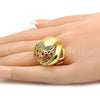 Oro Laminado Multi Stone Ring, Gold Filled Style Greek Key Design, with White Crystal, Polished, Golden Finish, 01.241.0029.07 (Size 7)