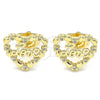 Oro Laminado Stud Earring, Gold Filled Style Heart and Love Design, with White Micro Pave, Polished, Golden Finish, 02.156.0516