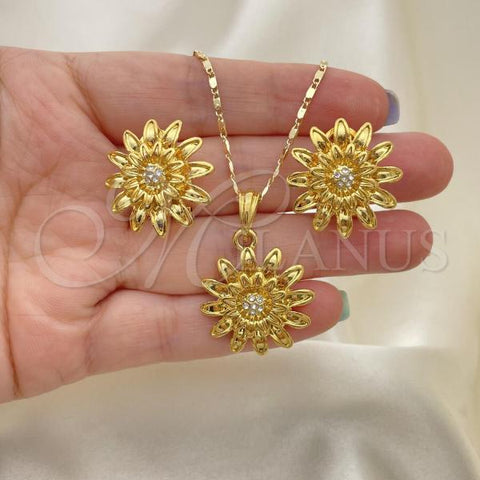 Oro Laminado Earring and Pendant Adult Set, Gold Filled Style Flower Design, with White Crystal, Polished, Golden Finish, 10.118.0035