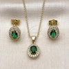 Oro Laminado Earring and Pendant Adult Set, Gold Filled Style Cluster Design, with Green Cubic Zirconia and White Micro Pave, Polished, Golden Finish, 10.156.0532