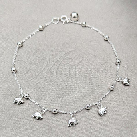 Sterling Silver Fancy Anklet, Elephant and Ball Design, Polished, Silver Finish, 03.409.0063.10