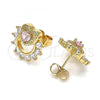 Oro Laminado Stud Earring, Gold Filled Style Heart Design, with Pink and White Cubic Zirconia, Polished, Golden Finish, 02.387.0079