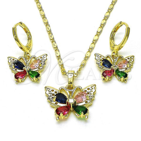 Oro Laminado Earring and Pendant Adult Set, Gold Filled Style Butterfly Design, with Multicolor Cubic Zirconia, Polished, Golden Finish, 10.196.0146