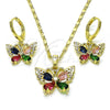 Oro Laminado Earring and Pendant Adult Set, Gold Filled Style Butterfly Design, with Multicolor Cubic Zirconia, Polished, Golden Finish, 10.196.0146