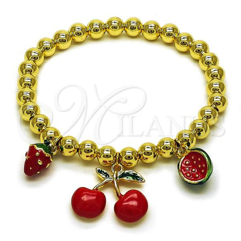 Oro Laminado Fancy Bracelet, Gold Filled Style Cherry Design, Red Enamel Finish, Golden Finish, 03.417.0011.08