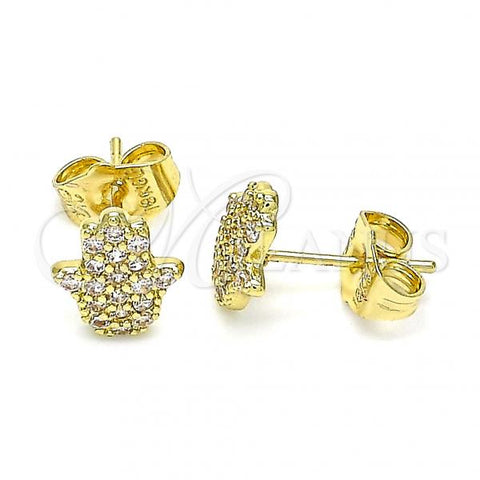 Oro Laminado Stud Earring, Gold Filled Style Hand of God Design, with White Micro Pave, Polished, Golden Finish, 02.156.0551
