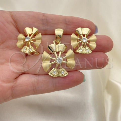 Oro Laminado Earring and Pendant Adult Set, Gold Filled Style Flower Design, with White Crystal, Matte Finish, Golden Finish, 10.59.0089
