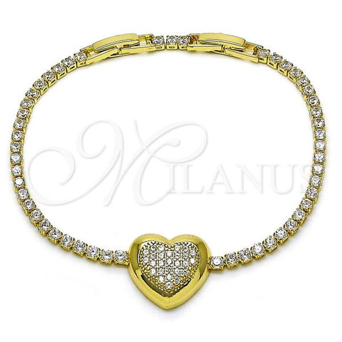 Oro Laminado Fancy Bracelet, Gold Filled Style Heart Design, with White Cubic Zirconia and White Micro Pave, Polished, Golden Finish, 03.421.0001.08