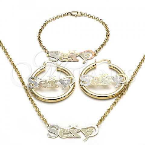 Oro Laminado Necklace, Bracelet and Earring, Gold Filled Style Polished, Tricolor, 06.63.0252.1