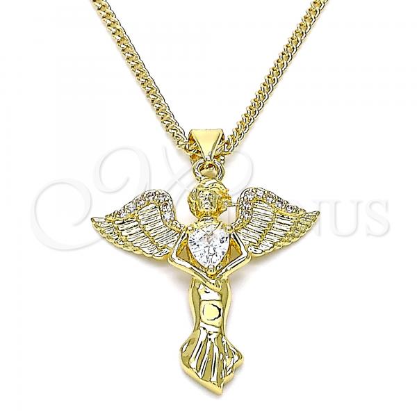 Oro Laminado Pendant Necklace, Gold Filled Style Angel and Heart Design, with White Micro Pave and White Cubic Zirconia, Polished, Golden Finish, 04.156.0437.18