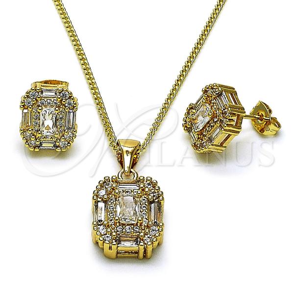 Oro Laminado Earring and Pendant Adult Set, Gold Filled Style Baguette and Cluster Design, with White Cubic Zirconia and White Micro Pave, Polished, Golden Finish, 10.342.0232