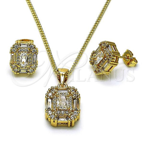 Oro Laminado Earring and Pendant Adult Set, Gold Filled Style Baguette and Cluster Design, with White Cubic Zirconia and White Micro Pave, Polished, Golden Finish, 10.342.0232