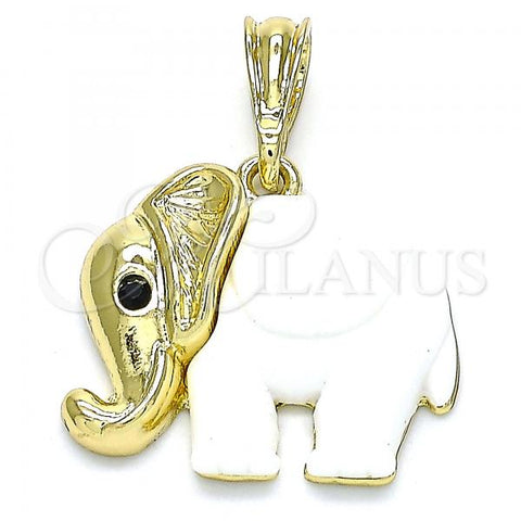 Oro Laminado Fancy Pendant, Gold Filled Style Elephant Design, with Black Crystal, White Resin Finish, Golden Finish, 05.380.0119