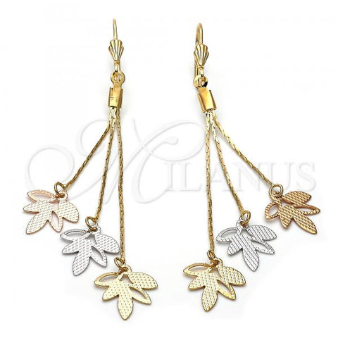 Oro Laminado Long Earring, Gold Filled Style Leaf Design, Diamond Cutting Finish, Tricolor, 5.079.006