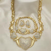 Oro Laminado Necklace, Bracelet and Earring, Gold Filled Style Heart and Hugs and Kisses Design, with White Crystal, Polished, Golden Finish, 06.372.0018