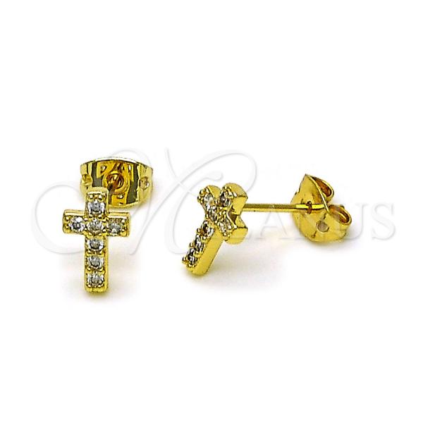 Oro Laminado Stud Earring, Gold Filled Style Cross Design, with White Micro Pave, Polished, Golden Finish, 02.341.0222