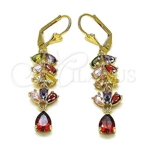 Oro Laminado Long Earring, Gold Filled Style Teardrop and Leaf Design, with Multicolor Cubic Zirconia, Polished, Golden Finish, 02.210.0831.2