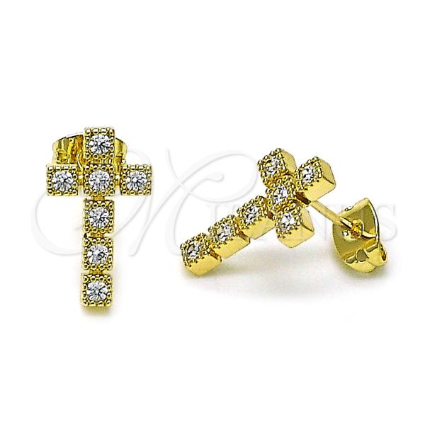 Oro Laminado Stud Earring, Gold Filled Style Cross Design, with White Cubic Zirconia, Polished, Golden Finish, 02.213.0747