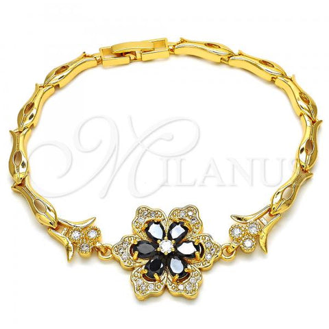 Oro Laminado Fancy Bracelet, Gold Filled Style Flower and Fish Design, with Black and White Cubic Zirconia, Polished, Golden Finish, 03.210.0105.08
