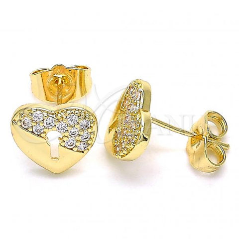 Oro Laminado Stud Earring, Gold Filled Style Heart Design, with White Micro Pave, Polished, Golden Finish, 02.210.0416