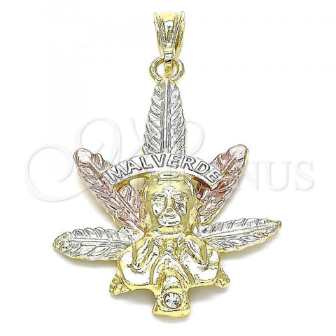 Oro Laminado Religious Pendant, Gold Filled Style Leaf Design, with White Crystal, Polished, Tricolor, 05.351.0206