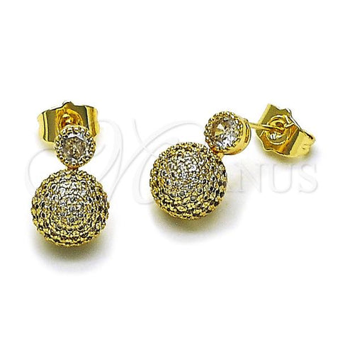 Oro Laminado Stud Earring, Gold Filled Style Ball Design, with White Micro Pave and White Cubic Zirconia, Polished, Golden Finish, 02.283.0288