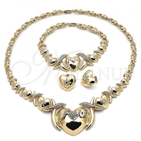 Oro Laminado Necklace, Bracelet and Earring, Gold Filled Style Hugs and Kisses and Heart Design, with White Crystal, Polished, Golden Finish, 06.372.0044