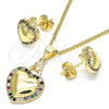 Oro Laminado Earring and Pendant Adult Set, Gold Filled Style Heart Design, with Multicolor Micro Pave, Polished, Golden Finish, 10.156.0263.3