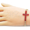 Oro Laminado Fancy Bracelet, Gold Filled Style Cross and Baguette Design, with Garnet Cubic Zirconia, Polished, Golden Finish, 03.424.0006.1.08