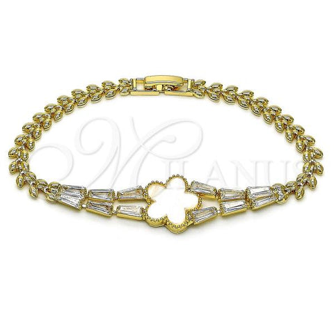 Oro Laminado Fancy Bracelet, Gold Filled Style Flower and Baguette Design, with Ivory Mother of Pearl and White Cubic Zirconia, Polished, Golden Finish, 03.283.0437.07