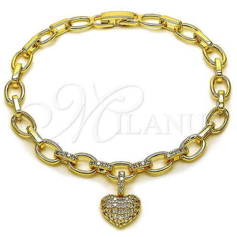 Oro Laminado Fancy Bracelet, Gold Filled Style Heart Design, with White Cubic Zirconia, Polished, Golden Finish, 03.283.0486.08