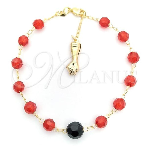 Oro Laminado Charm Bracelet, Gold Filled Style Figa Hand and Ball Design, with Black Azavache and Garnet Crystal, Polished, Golden Finish, 03.02.0082.07