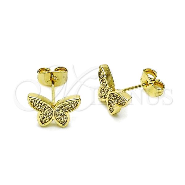 Oro Laminado Stud Earring, Gold Filled Style Butterfly Design, with White Micro Pave, Polished, Golden Finish, 02.411.0077