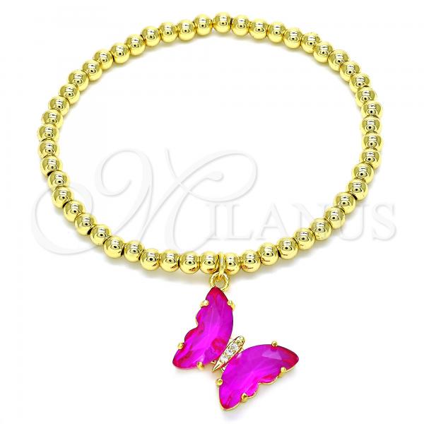 Oro Laminado Fancy Bracelet, Gold Filled Style Expandable Bead and Butterfly Design, with Fuchsia Crystal and White Micro Pave, Polished, Golden Finish, 03.341.0112.2.07