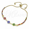 Oro Laminado Adjustable Bolo Bracelet, Gold Filled Style Evil Eye Design, with Multicolor and White Cubic Zirconia, Multicolor Resin Finish, Golden Finish, 03.63.2084.1.11