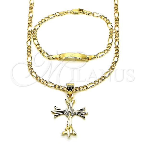 Oro Laminado Necklace and Bracelet, Gold Filled Style Cross and Figaro Design, Diamond Cutting Finish,, 06.63.0271