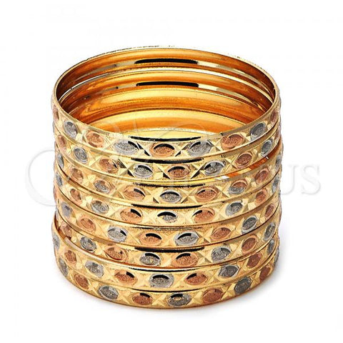 Gold Plated Dozen Bangle, Diamond Cutting Finish, Tricolor, 03.08.0088.04 (06 MM Thickness, Size 4 - 2.25 Diameter)