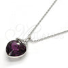 Rhodium Plated Pendant Necklace, Heart and key Design, with Amethyst Swarovski Crystals and White Micro Pave, Polished, Rhodium Finish, 04.239.0015.1.16