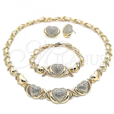 Oro Laminado Necklace, Bracelet and Earring, Gold Filled Style Hugs and Kisses and Heart Design, with White Crystal, Polished, Golden Finish, 06.372.0032