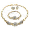 Oro Laminado Necklace, Bracelet and Earring, Gold Filled Style Hugs and Kisses and Heart Design, with White Crystal, Polished, Golden Finish, 06.372.0032