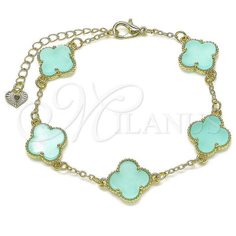 Oro Laminado Fancy Bracelet, Gold Filled Style Four-leaf Clover and Rolo Design, with Light Turquoise Mother of Pearl, Polished, Golden Finish, 03.414.0001.2.07