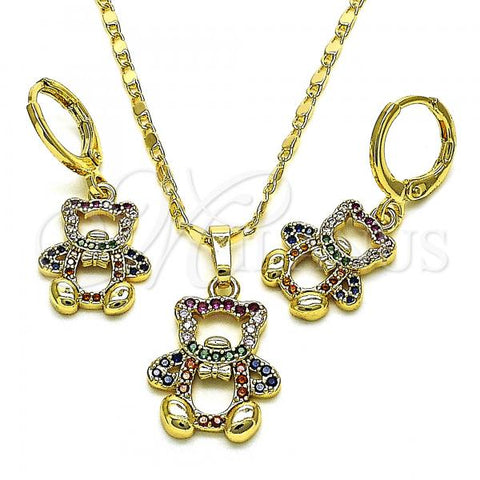Oro Laminado Earring and Pendant Adult Set, Gold Filled Style Teddy Bear Design, with Multicolor Micro Pave, Polished, Golden Finish, 10.196.0043