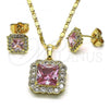 Oro Laminado Earring and Pendant Adult Set, Gold Filled Style with Pink and White Cubic Zirconia, Polished, Golden Finish, 10.196.0088
