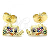 Oro Laminado Stud Earring, Gold Filled Style Elephant Design, with Multicolor Micro Pave, Polished, Golden Finish, 02.210.0402.1