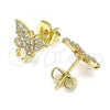 Oro Laminado Stud Earring, Gold Filled Style Butterfly Design, with White Micro Pave, Polished, Golden Finish, 02.210.0354