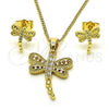 Oro Laminado Earring and Pendant Adult Set, Gold Filled Style Dragon-Fly Design, with White Cubic Zirconia, Polished, Golden Finish, 10.210.0165