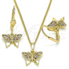 Oro Laminado Earring and Pendant Adult Set, Gold Filled Style Butterfly Design, with Multicolor Micro Pave, Polished, Golden Finish, 10.316.0058.1